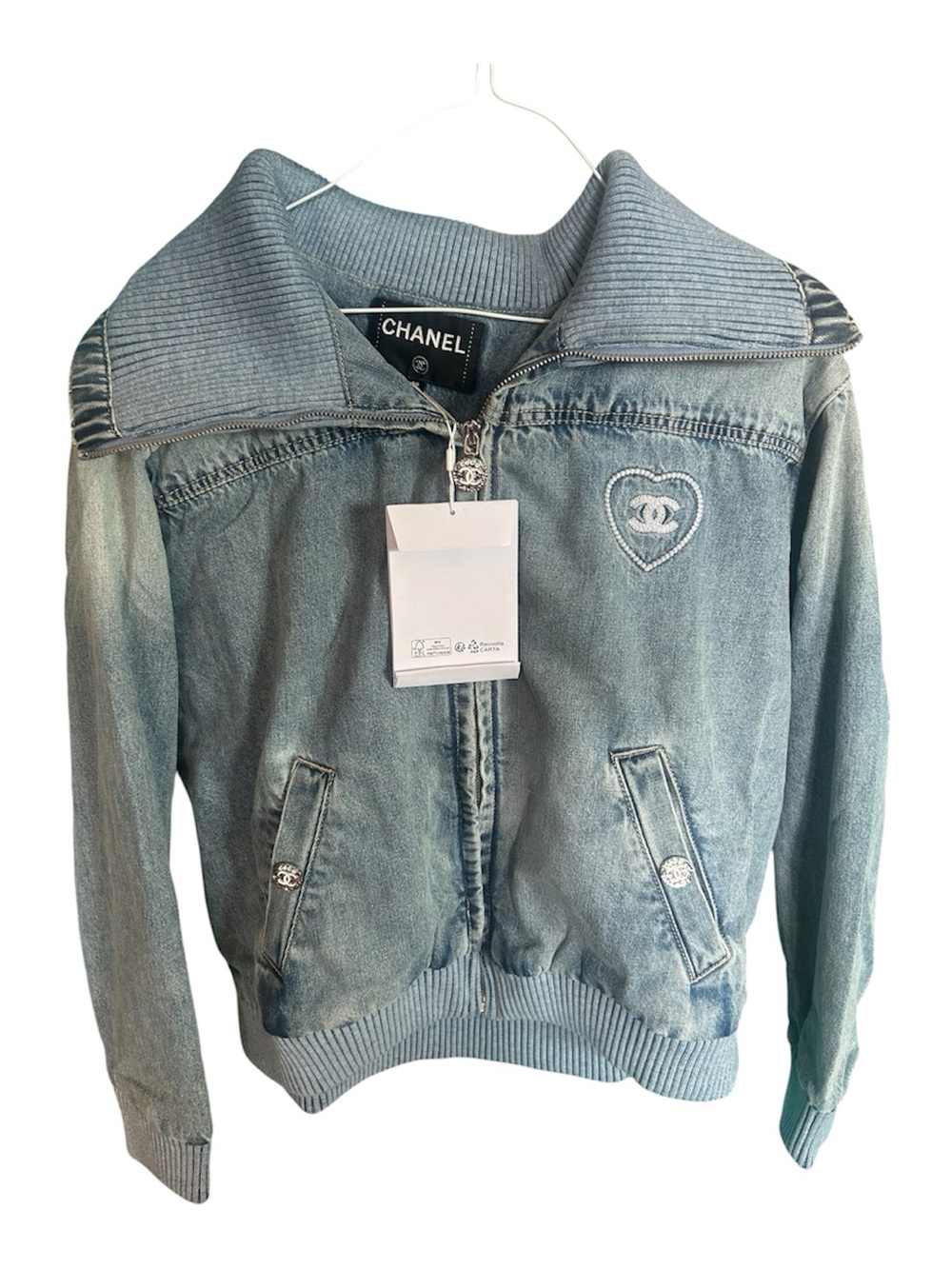 CHANEL Light Blue Denim Jacket with Heart CC Patch